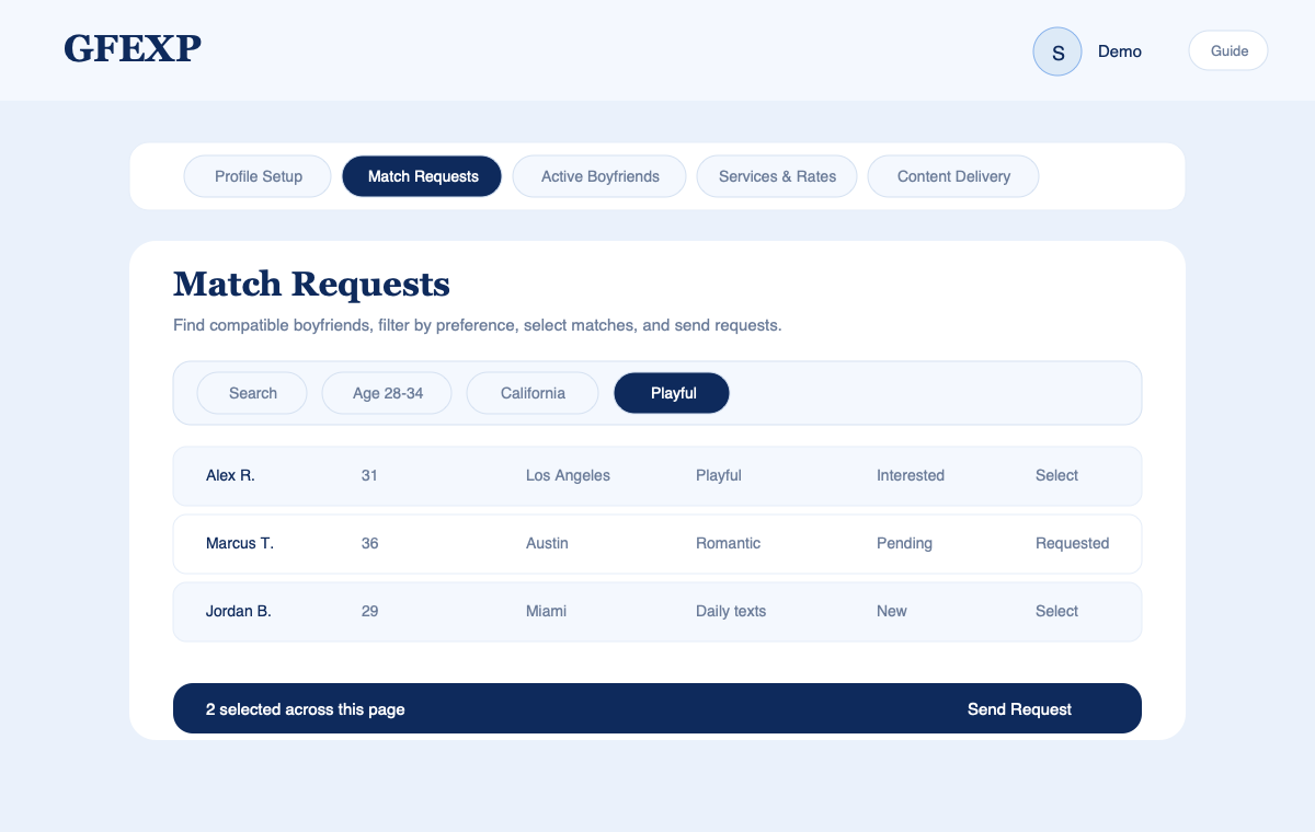 Sanitized screenshot of the creator Match Requests dashboard area
