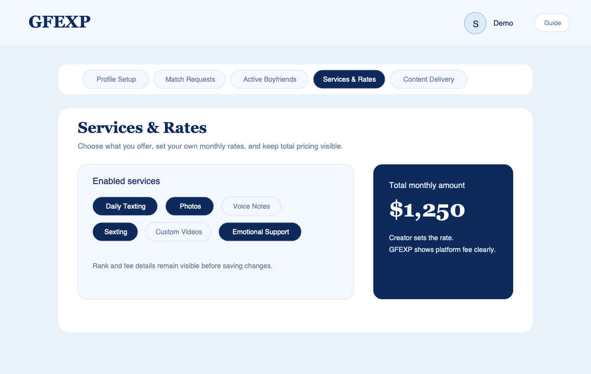 Sanitized screenshot of the creator Services and Rates dashboard area